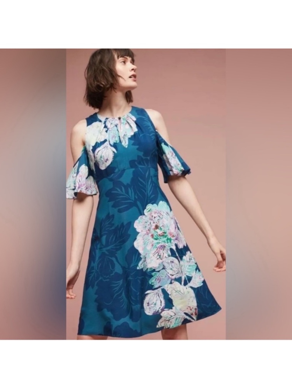 Anthropologie Maeve Teal Floral Cold-Shoulder A-Line Dress Size 6